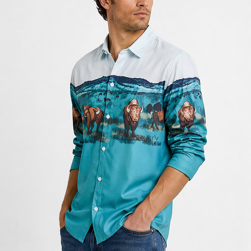 Camicia da uomo con stampa paesaggistica di bufali della prateria del West - image 3