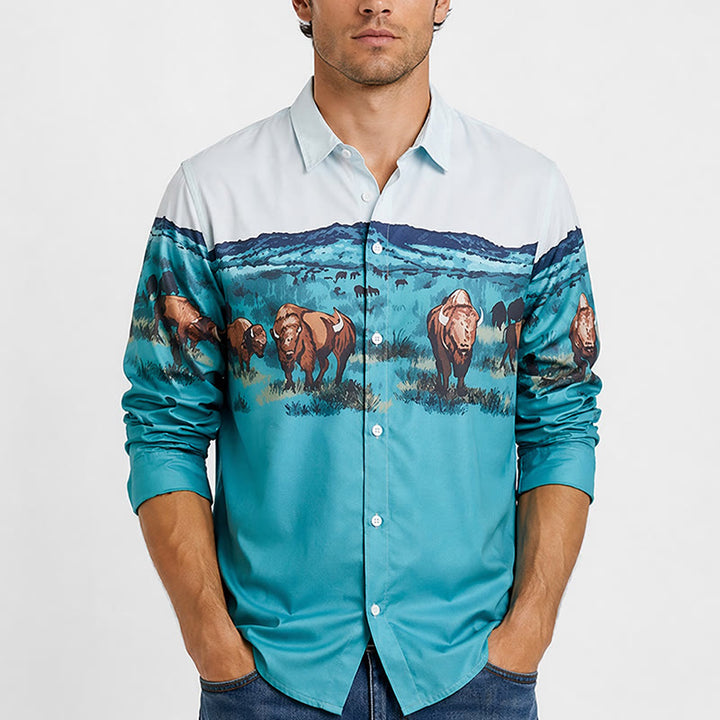 Camicia da uomo con stampa paesaggistica di bufali della prateria del West - image 1