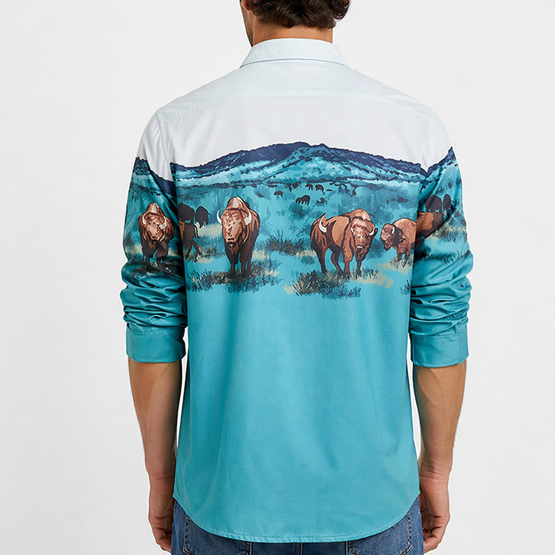 Camicia da uomo con stampa paesaggistica di bufali della prateria del West - image 2
