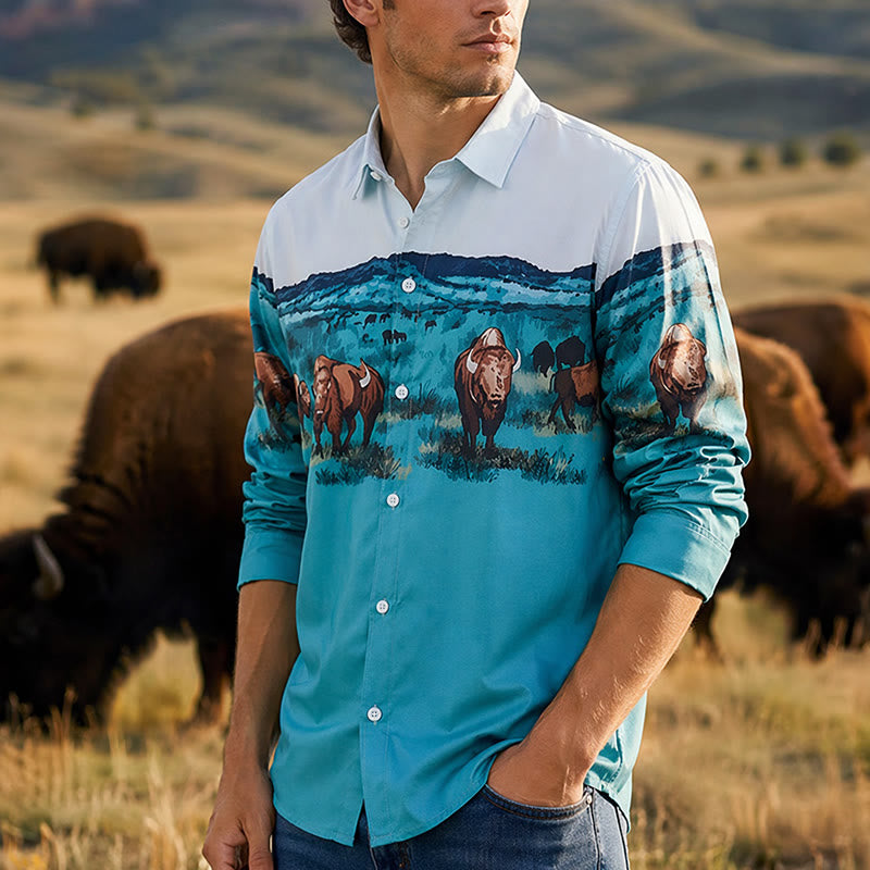 Camicia da uomo con stampa paesaggistica di bufali della prateria del West - Verde acqua e azzurro - 5XL - image 0