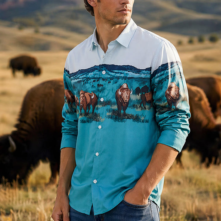 Camicia da uomo con stampa paesaggistica di bufali della prateria del West - Verde acqua e azzurro - 5XL - image 0