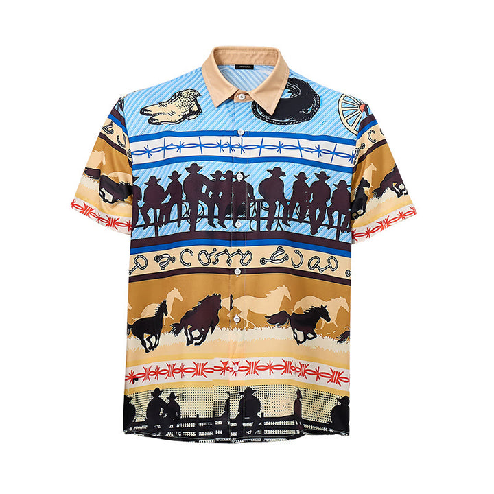 Camicia da uomo color beige e blu con stampa di silhouette di cowboy e mandria di cavalli - image 8