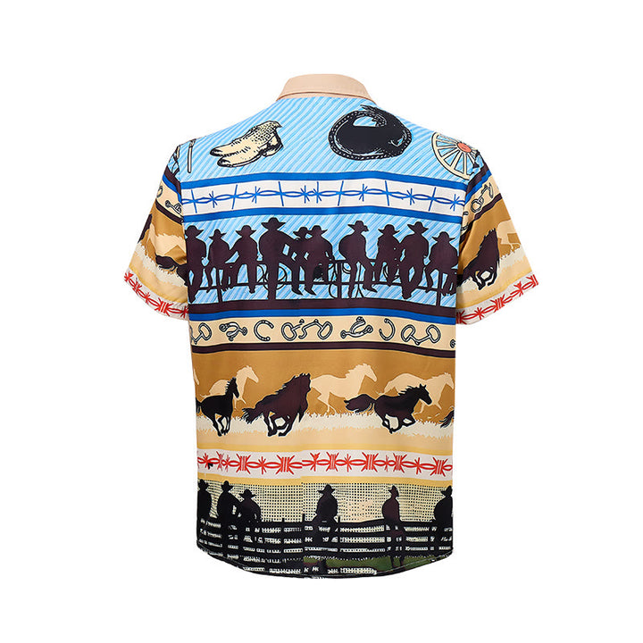 Camicia da uomo color beige e blu con stampa di silhouette di cowboy e mandria di cavalli - image 7
