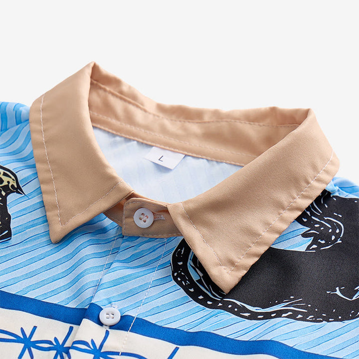 Camicia da uomo color beige e blu con stampa di silhouette di cowboy e mandria di cavalli - image 4