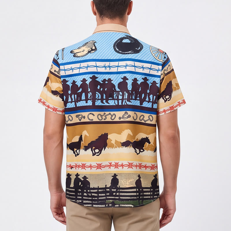 Camicia da uomo color beige e blu con stampa di silhouette di cowboy e mandria di cavalli - image 2
