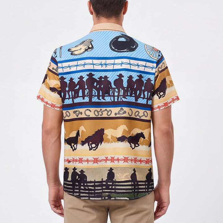 Camicia da uomo color beige e blu con stampa di silhouette di cowboy e mandria di cavalli - image 2