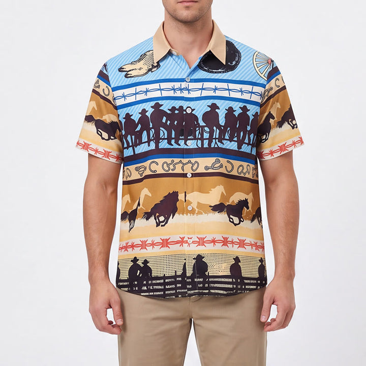 Camicia da uomo color beige e blu con stampa di silhouette di cowboy e mandria di cavalli - image 1