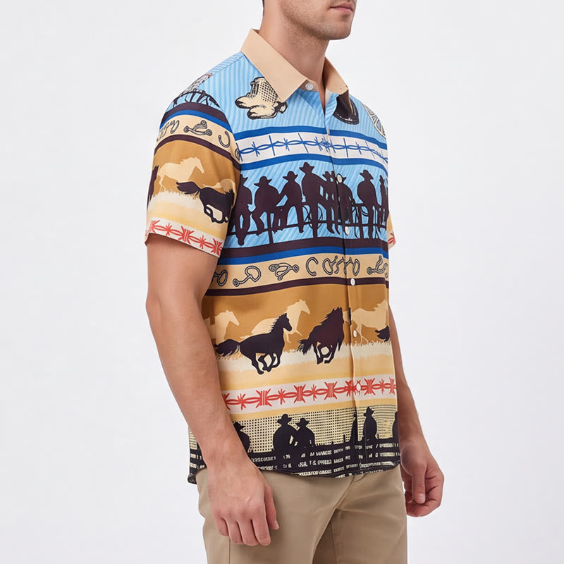Camicia da uomo color beige e blu con stampa di silhouette di cowboy e mandria di cavalli - image 3