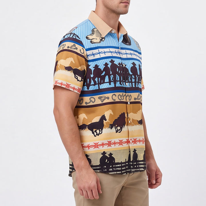 Camicia da uomo color beige e blu con stampa di silhouette di cowboy e mandria di cavalli - image 3