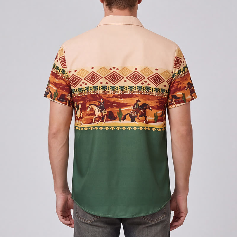 Camicia da uomo beige e verde con stampa di cavaliere del deserto e cactus - image 2