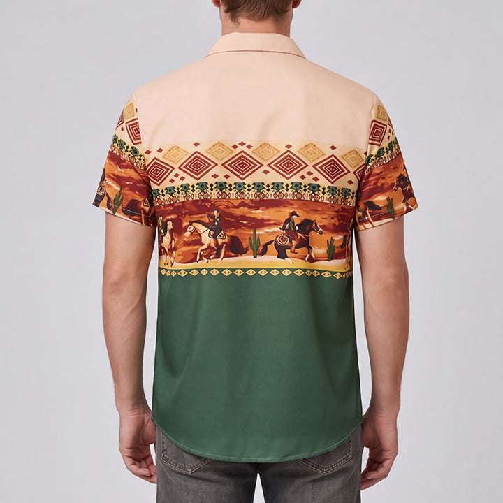 Camicia da uomo beige e verde con stampa di cavaliere del deserto e cactus - image 2