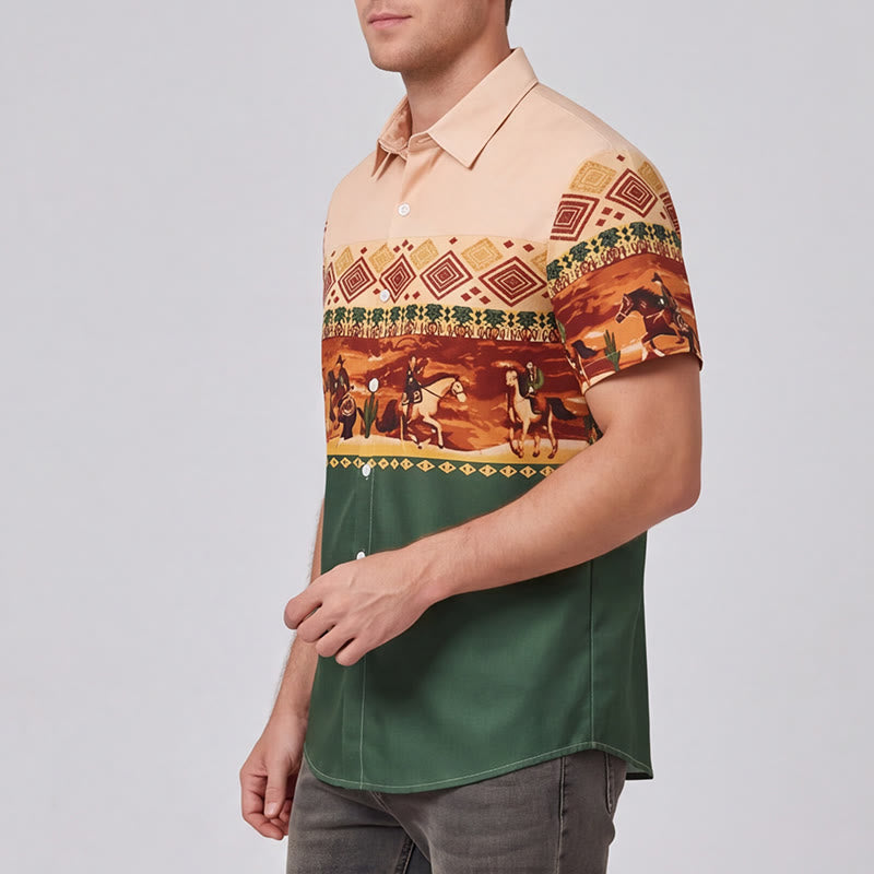Camicia da uomo beige e verde con stampa di cavaliere del deserto e cactus - image 3