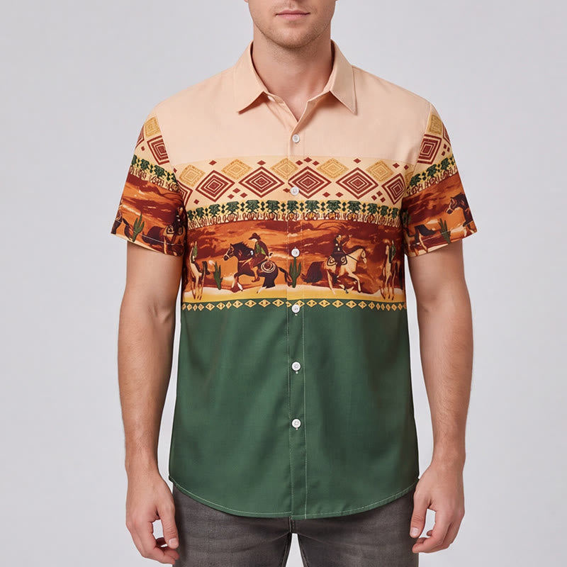Camicia da uomo beige e verde con stampa di cavaliere del deserto e cactus - image 1