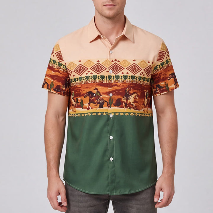 Camicia da uomo beige e verde con stampa di cavaliere del deserto e cactus - image 1