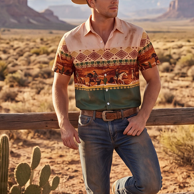 Camicia da uomo beige e verde con stampa di cavaliere del deserto e cactus - Beige e verde - 3XL - image 0