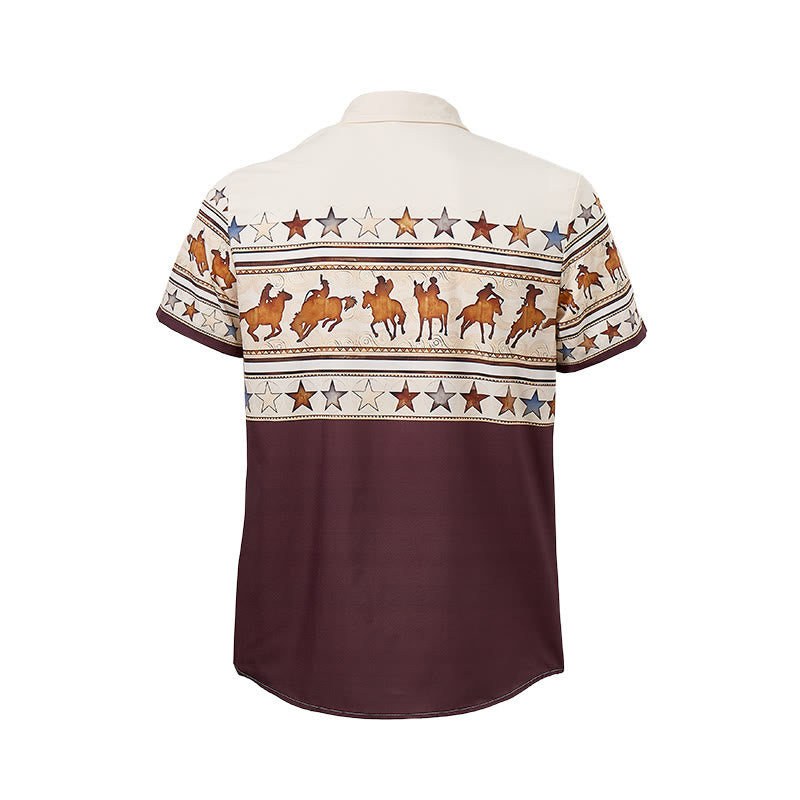 Camicia da uomo marrone e crema con stampa western a silhouette di cavallo da cowboy. - image 10