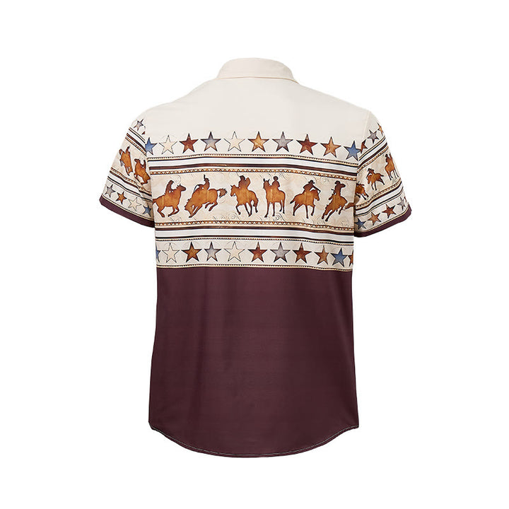 Camicia da uomo marrone e crema con stampa western a silhouette di cavallo da cowboy. - image 10