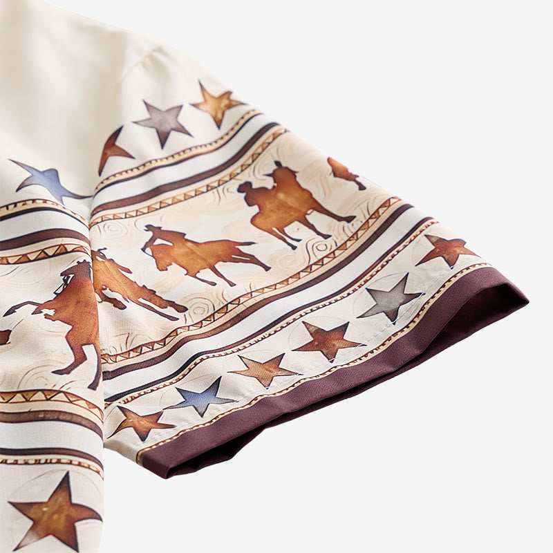 Camicia da uomo marrone e crema con stampa western a silhouette di cavallo da cowboy. - image 8