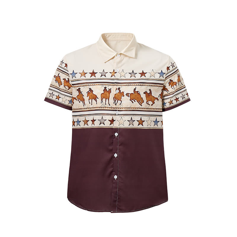 Camicia da uomo marrone e crema con stampa western a silhouette di cavallo da cowboy. - image 9
