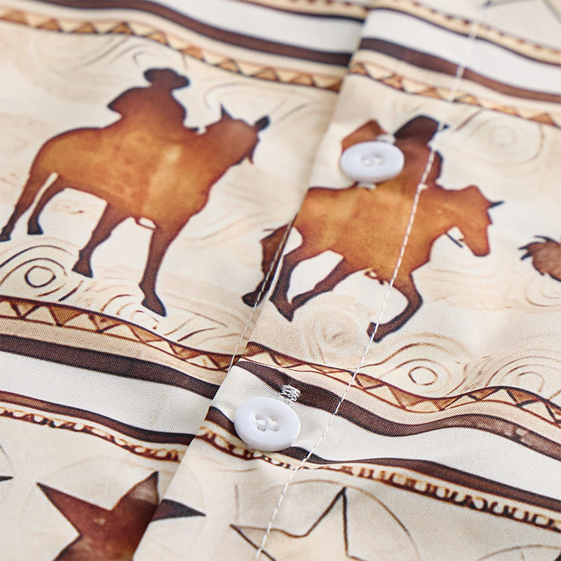 Camicia da uomo marrone e crema con stampa western a silhouette di cavallo da cowboy. - image 5