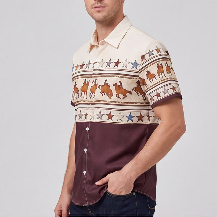 Camicia da uomo marrone e crema con stampa western a silhouette di cavallo da cowboy. - image 3