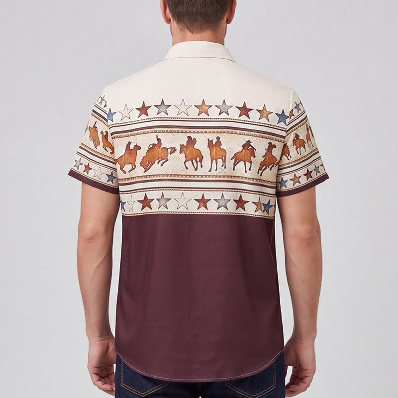 Camicia da uomo marrone e crema con stampa western a silhouette di cavallo da cowboy. - image 2