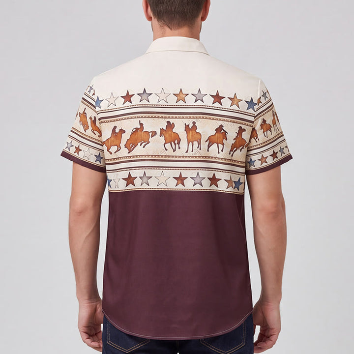 Camicia da uomo marrone e crema con stampa western a silhouette di cavallo da cowboy. - image 2