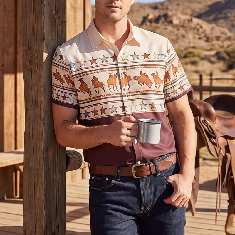 Camicia da uomo marrone e crema con stampa western a silhouette di cavallo da cowboy. - Marrone e crema - 3XL - image 0