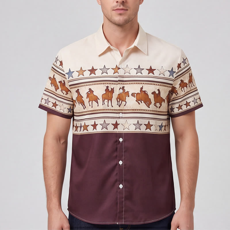 Camicia da uomo marrone e crema con stampa western a silhouette di cavallo da cowboy. - image 1