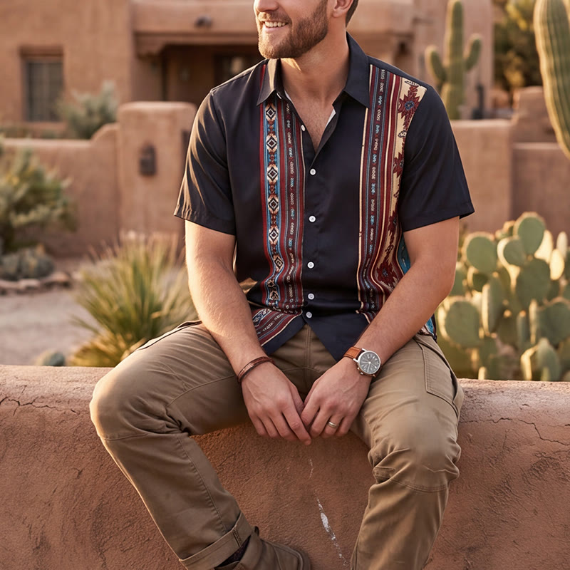 Camicia estiva nera da uomo con motivo geometrico azteco. - Nero - 2XL - image 0