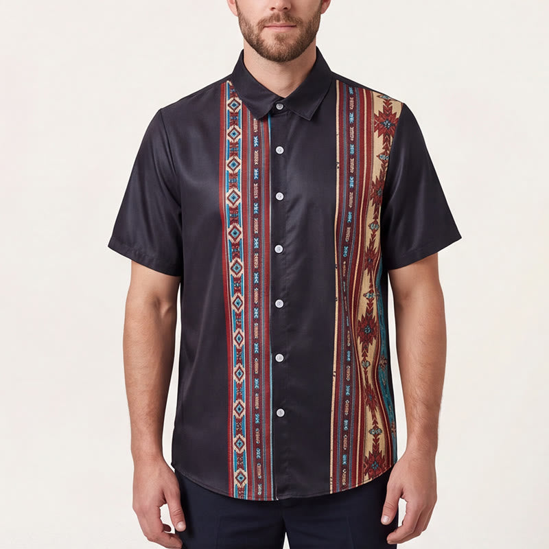 Camicia estiva nera da uomo con motivo geometrico azteco. - image 1