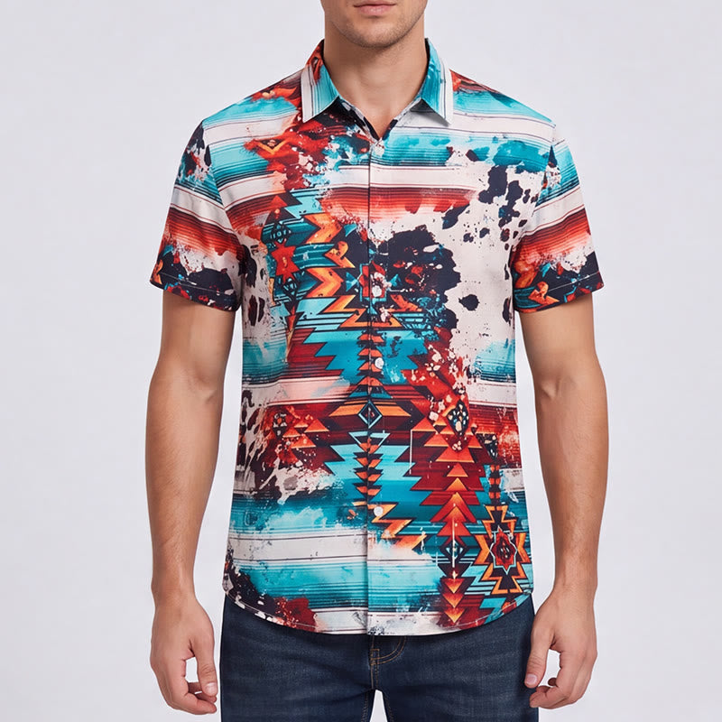 Camicia da uomo con stampa a schizzi di turchese e ruggine in stile sud-occidentale - image 1