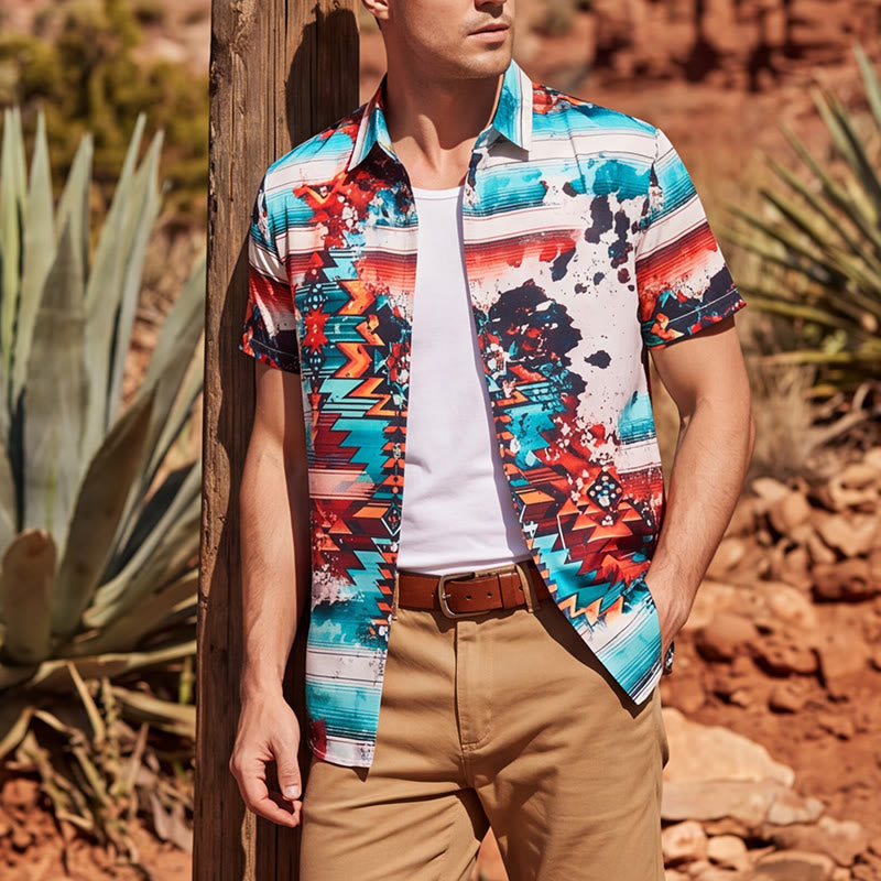 Camicia da uomo con stampa a schizzi di turchese e ruggine in stile sud-occidentale - Turchese e ruggine - 5XL - image 0