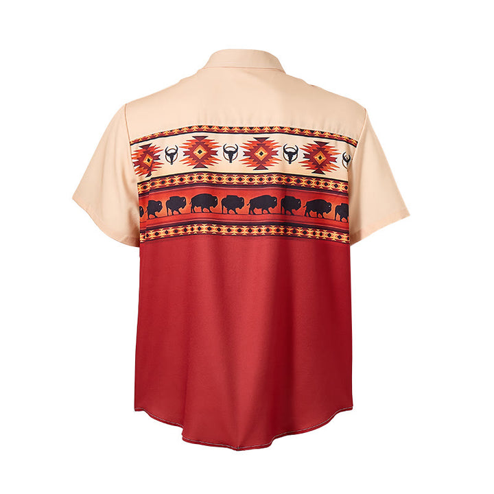 Camicia da uomo beige e rossa con stampa azteca western e bufalo. - image 10