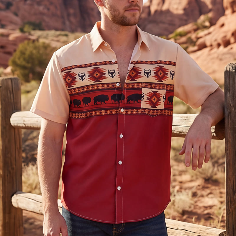 Camicia da uomo beige e rossa con stampa azteca western e bufalo. - Beige e rosso - 5XL - image 0