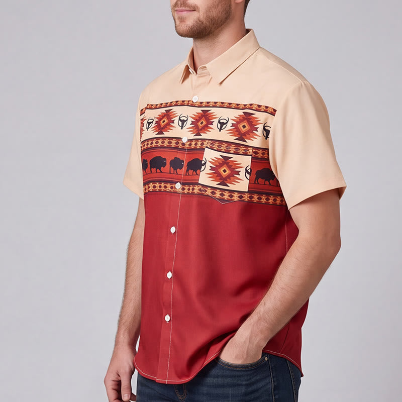 Camicia da uomo beige e rossa con stampa azteca western e bufalo. - image 3