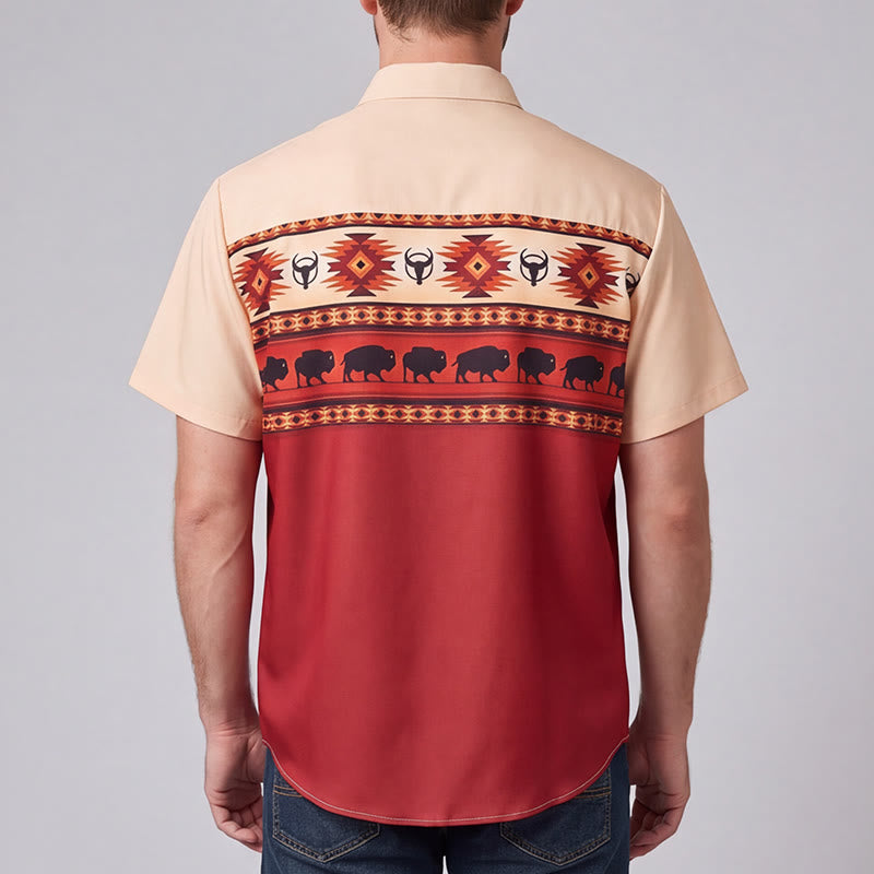 Camicia da uomo beige e rossa con stampa azteca western e bufalo. - image 2
