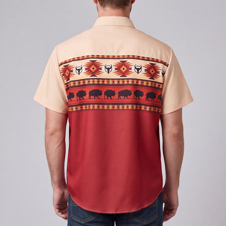 Camicia da uomo beige e rossa con stampa azteca western e bufalo. - image 2