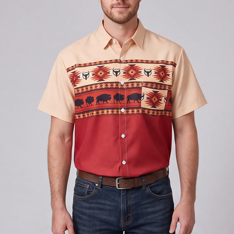 Camicia da uomo beige e rossa con stampa azteca western e bufalo. - image 1