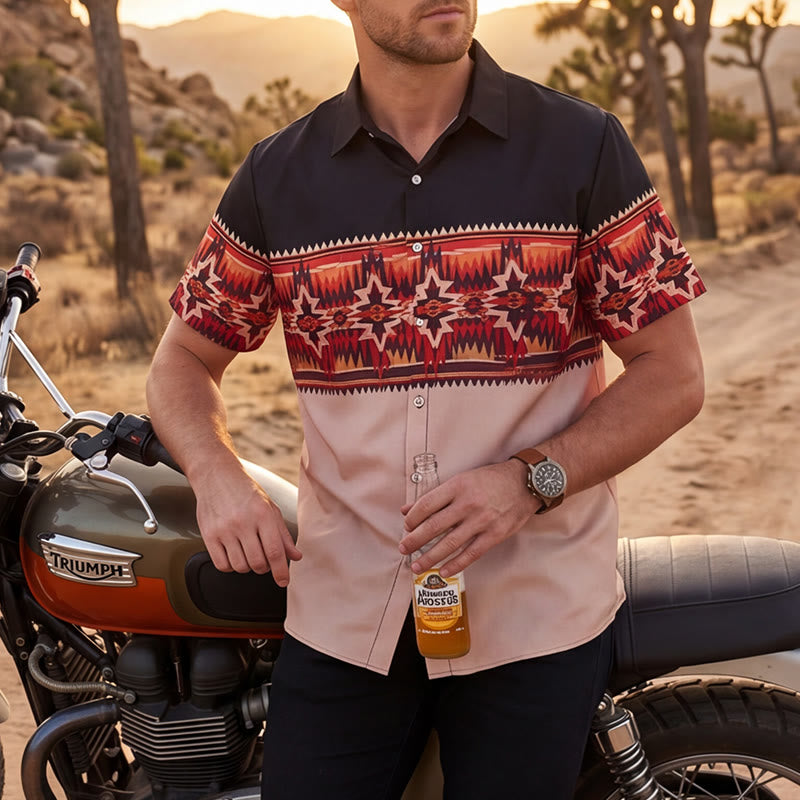 Camicia da uomo bicolore nera e beige con motivo a stella azteca in stile western. - Nero e beige - 6XL - image 0