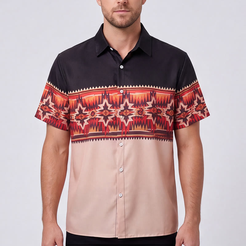 Camicia da uomo bicolore nera e beige con motivo a stella azteca in stile western. - image 1