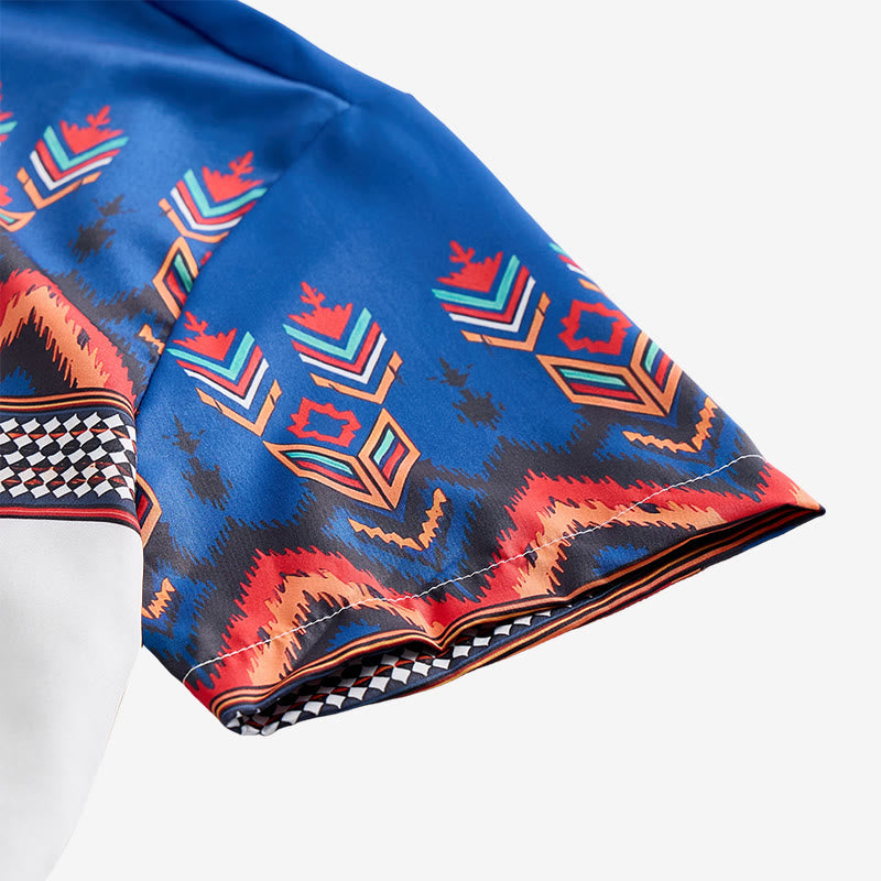 Camicia da uomo blu e bianca con stampa a motivi geometrici e tribali aztechi. - image 7