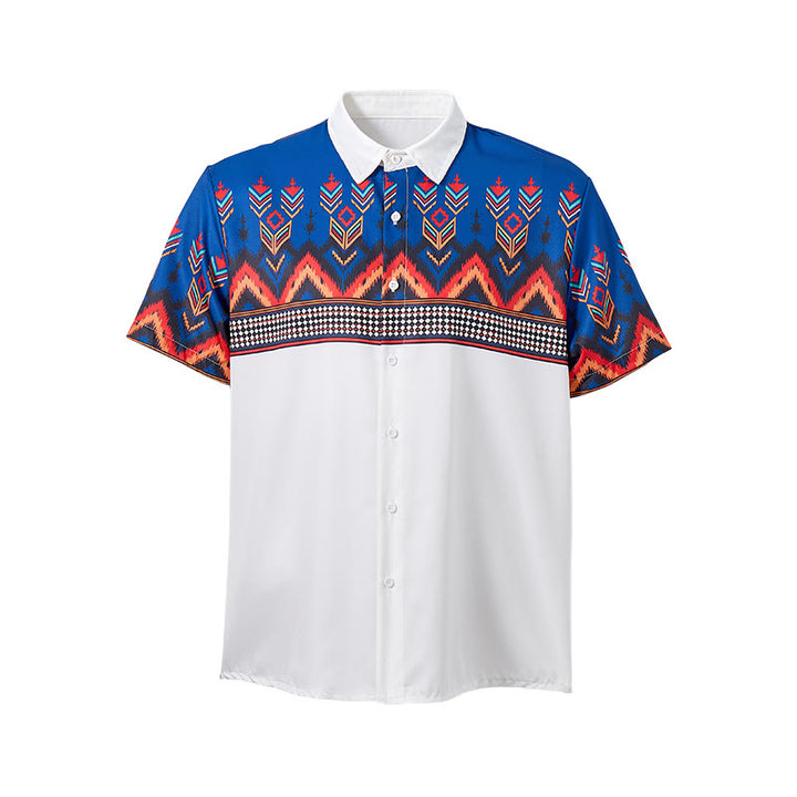 Camicia da uomo blu e bianca con stampa a motivi geometrici e tribali aztechi. - image 8