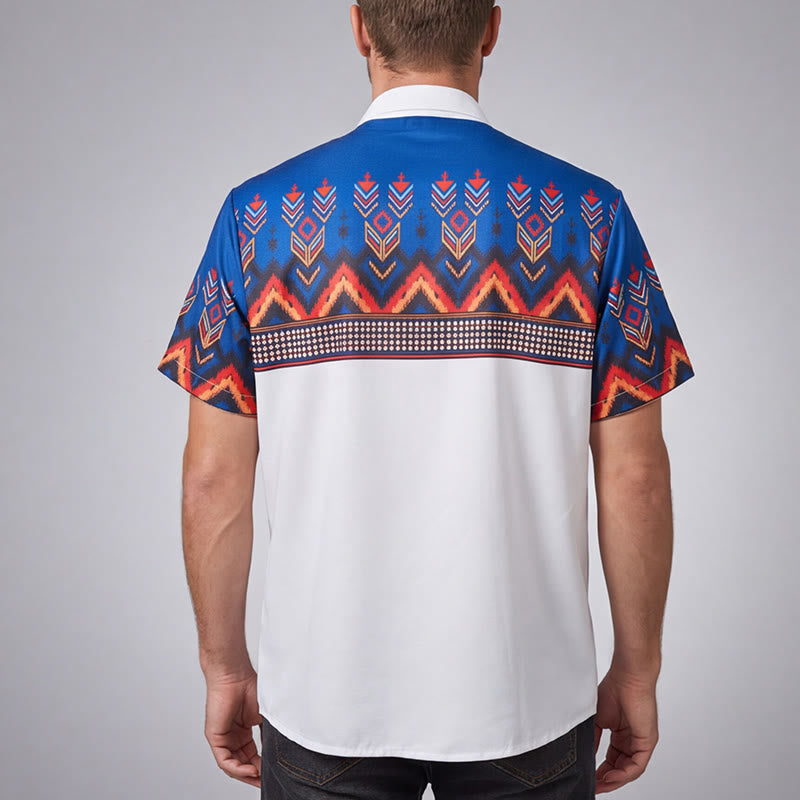 Camicia da uomo blu e bianca con stampa a motivi geometrici e tribali aztechi. - image 3