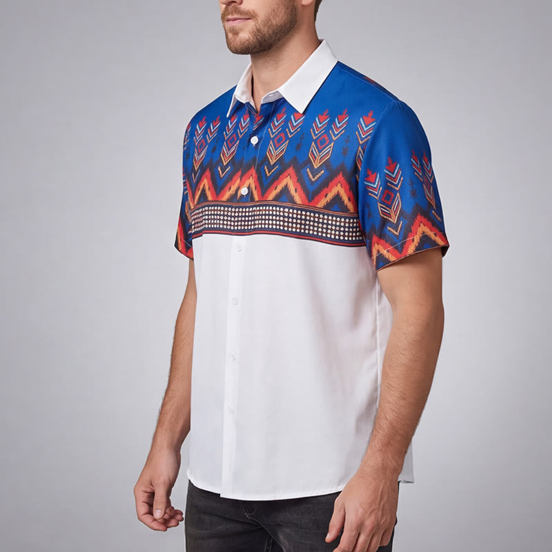 Camicia da uomo blu e bianca con stampa a motivi geometrici e tribali aztechi. - image 2