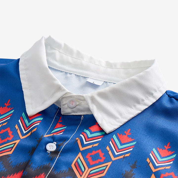 Camicia da uomo blu e bianca con stampa a motivi geometrici e tribali aztechi. - image 4