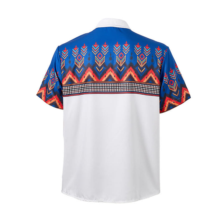 Camicia da uomo blu e bianca con stampa a motivi geometrici e tribali aztechi. - image 9