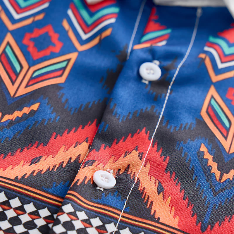 Camicia da uomo blu e bianca con stampa a motivi geometrici e tribali aztechi. - image 5