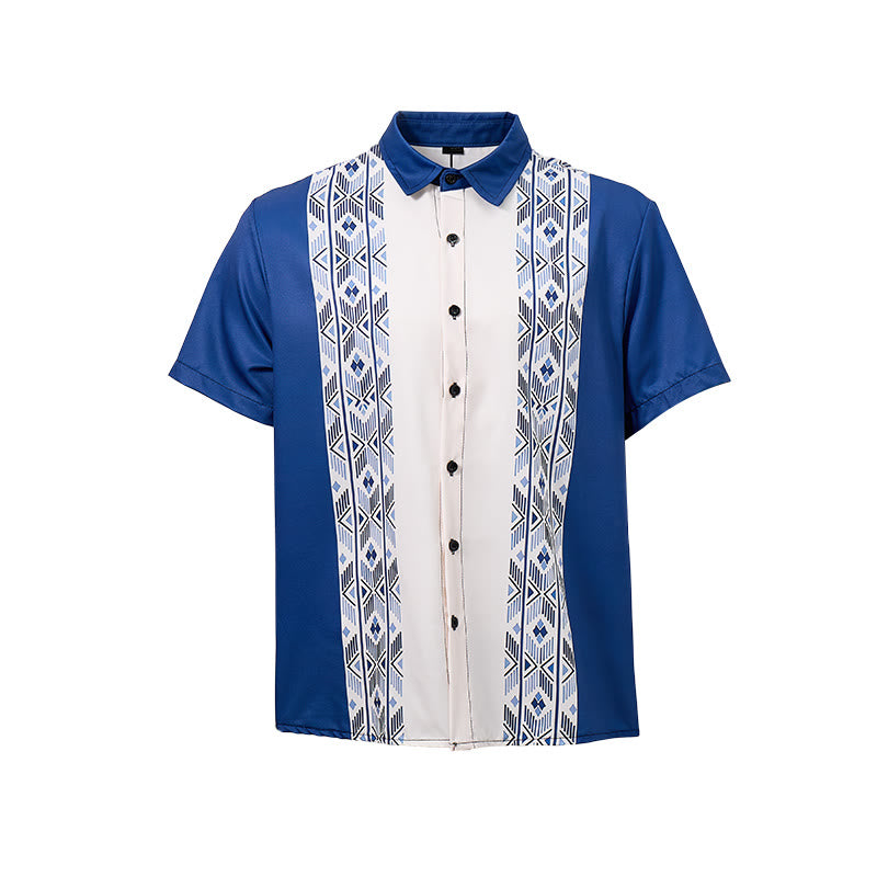 Camicia da uomo blu e beige con stampa verticale azteca di ispirazione etnica. - image 9