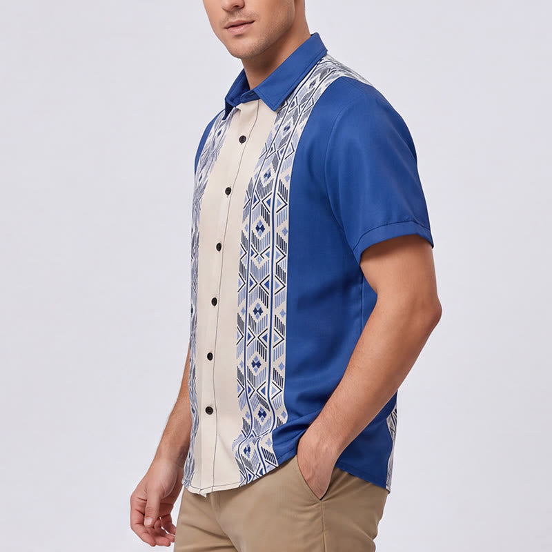 Camicia da uomo blu e beige con stampa verticale azteca di ispirazione etnica. - image 3